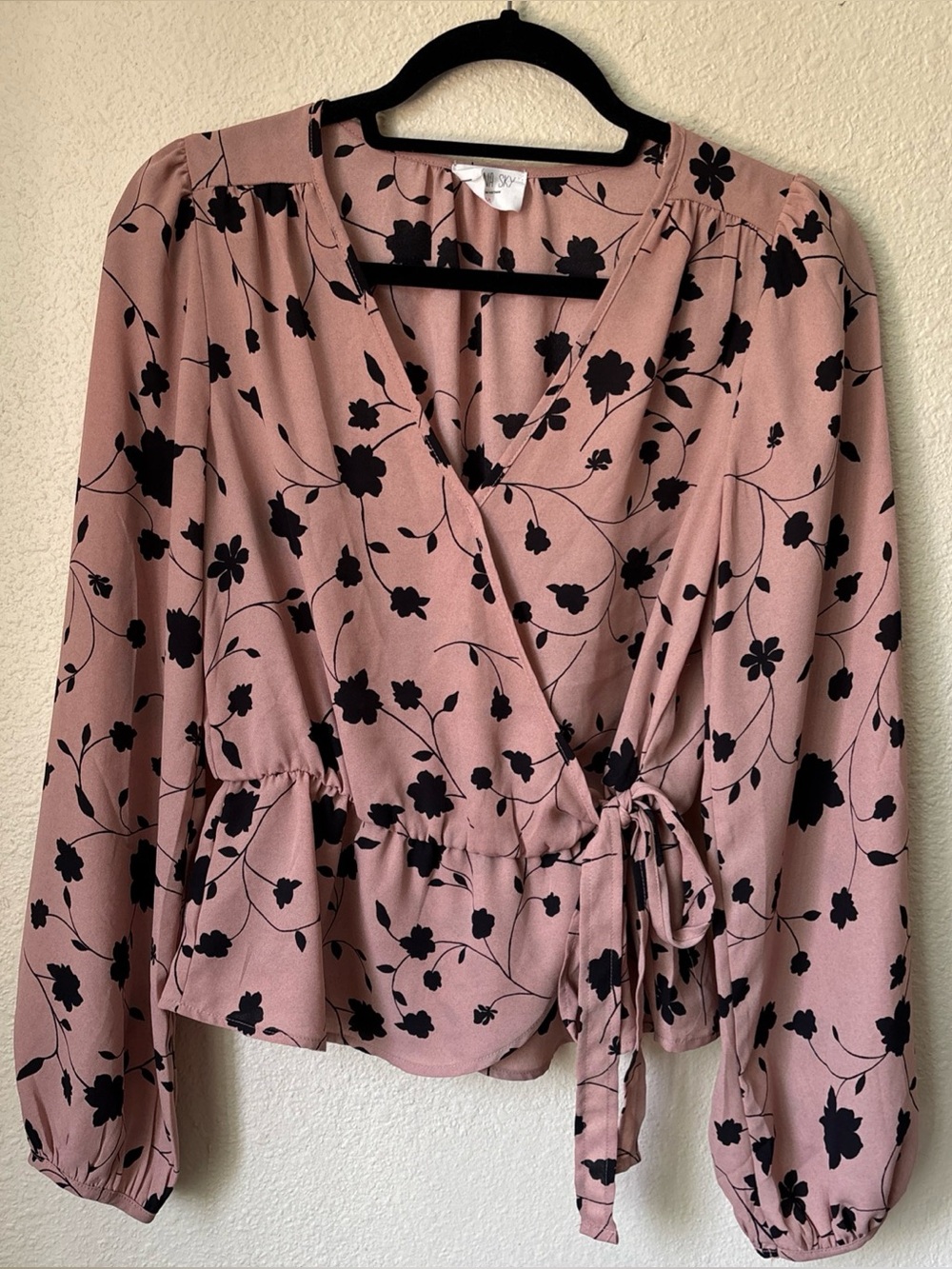 Sienna Sky Dusty Rose Wrap Blouse with Black Floral Print